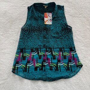 Sleeveless Shirt Lily White Teal Black Abstract Geometric Button Up  Top‎ M NWT